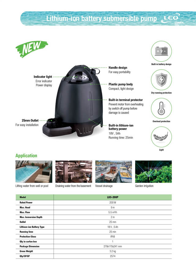 LEO New Pump - Lithium-ion Battery Submersible Pump